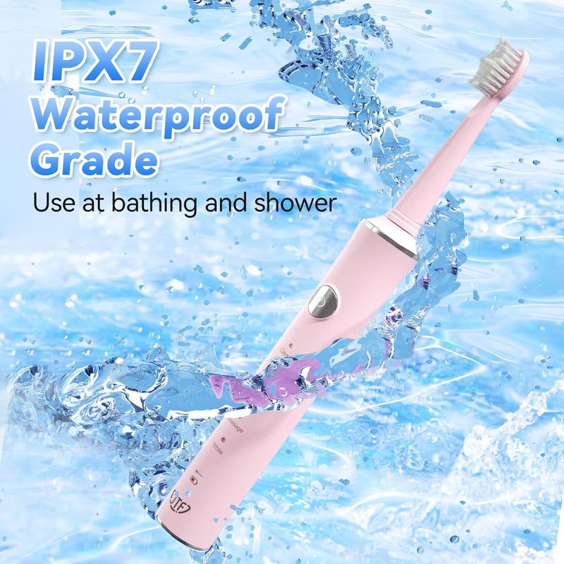JTF Sonic Electric Toothbrush for Adults: 6 Brush Heads, Travel Bag, Tongue Scraper, 5 Brushing Modes for Teeth, Smart Timer and IPX7 Waterproof, Rechargeable Toothbrush for Deep Cleaning & Whitening - Image 5
